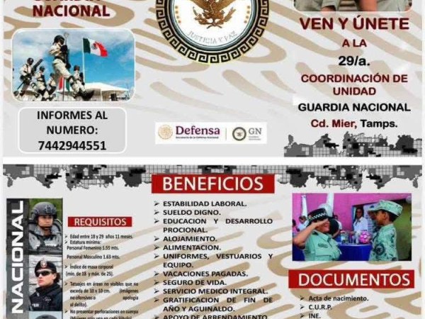 👮🏻🚔Intégrate a esta gran fuerza de la Guardia NacionalVen y únete a la 29/va. Coordinación de la unidad de la Guardia Nacional de la ciudad Mier Tamaulipas.Informes al número 7442944551BENEFICIOS 👮🏻🚔👎🏻